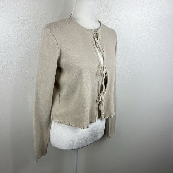 MNG Mango Sweater Women Medium Beige Ribbon Tie Knit Cardigan Long Sleeve - Picture 3 of 12
